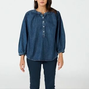 NWOT HABITUAL Boxy High Low Denim Blue Balloon Sleeves Blouse Button Detail M
